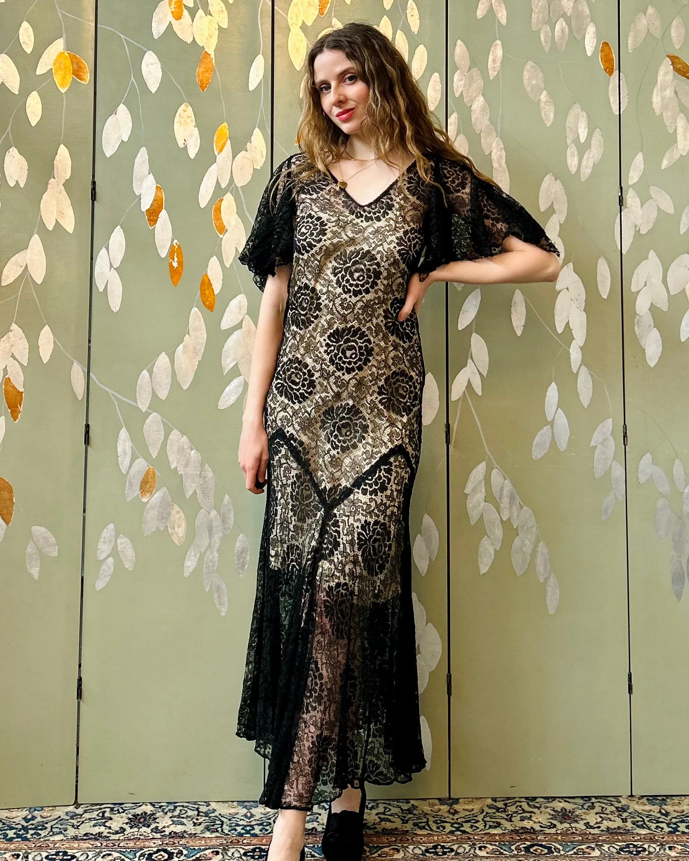 Vintage 1930s Black Lace Dress, Small
