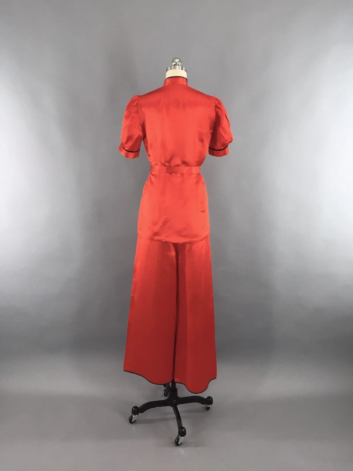 Vintage 1930s Pajamas / Red Silk Satin Loungewear Set
