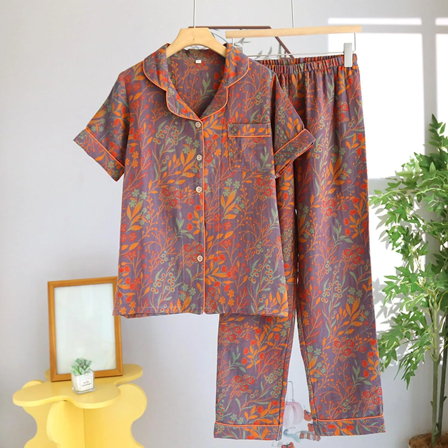 Vintage Cotton Pajamas Sets for Women Button Down 2 Piece Pjs Outfit Short Sleeve Shirts and Pants Printed Homewear