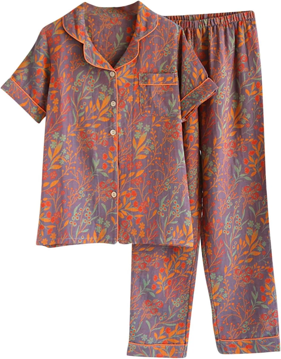 Vintage Cotton Pajamas Sets for Women Button Down 2 Piece Pjs Outfit Short Sleeve Shirts and Pants Printed Homewear