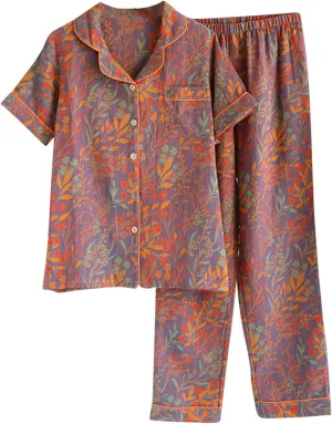 Vintage Cotton Pajamas Sets for Women Button Down 2 Piece Pjs Outfit Short Sleeve Shirts and Pants Printed Homewear