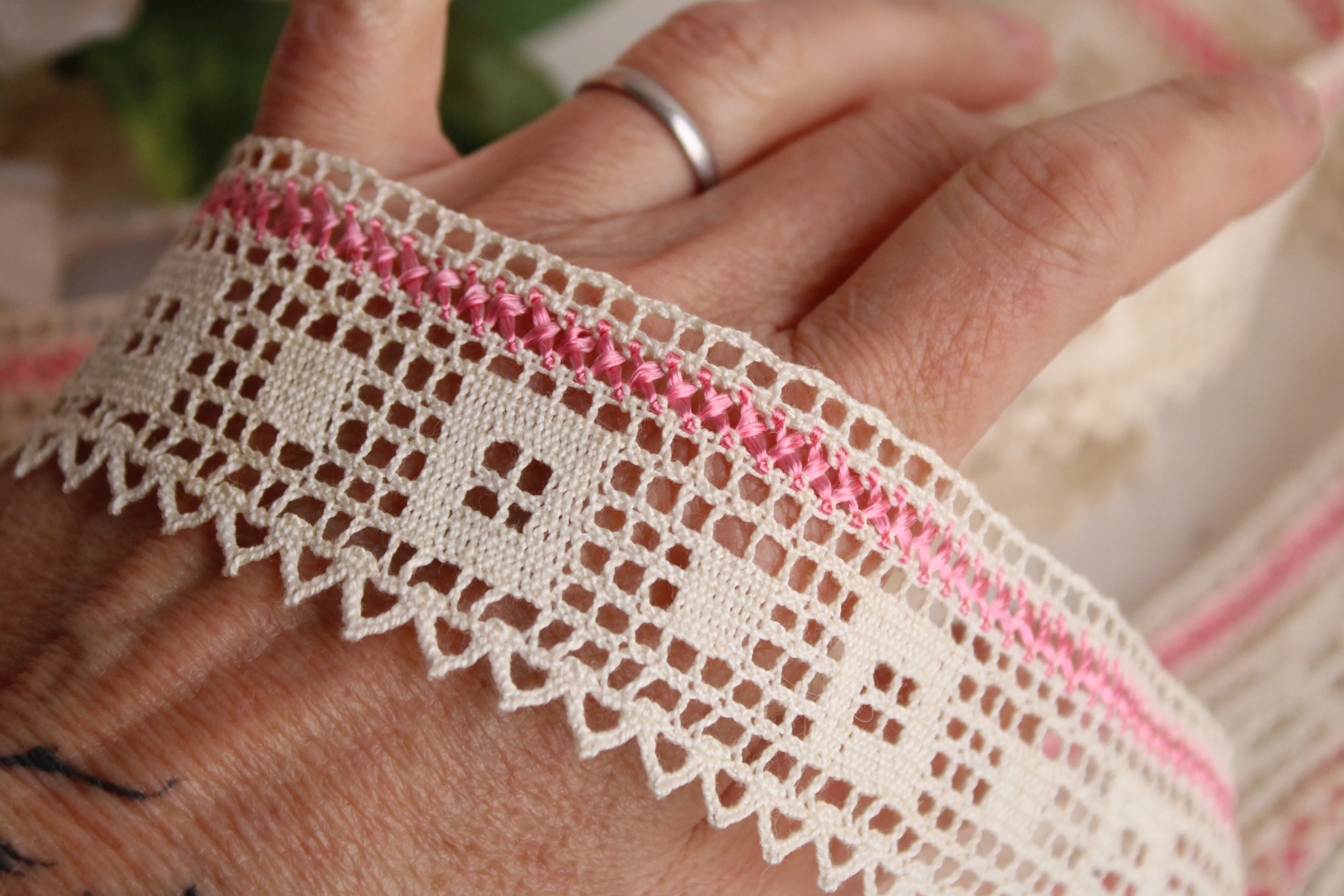 Vintage Ivory and Pink Lace Trim