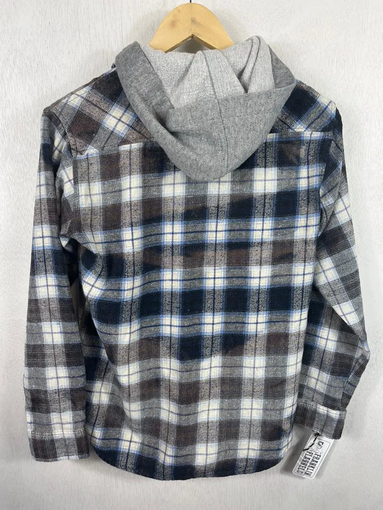 Vintage Navy Blue, White and Grey Flannel Hoodie Size Small