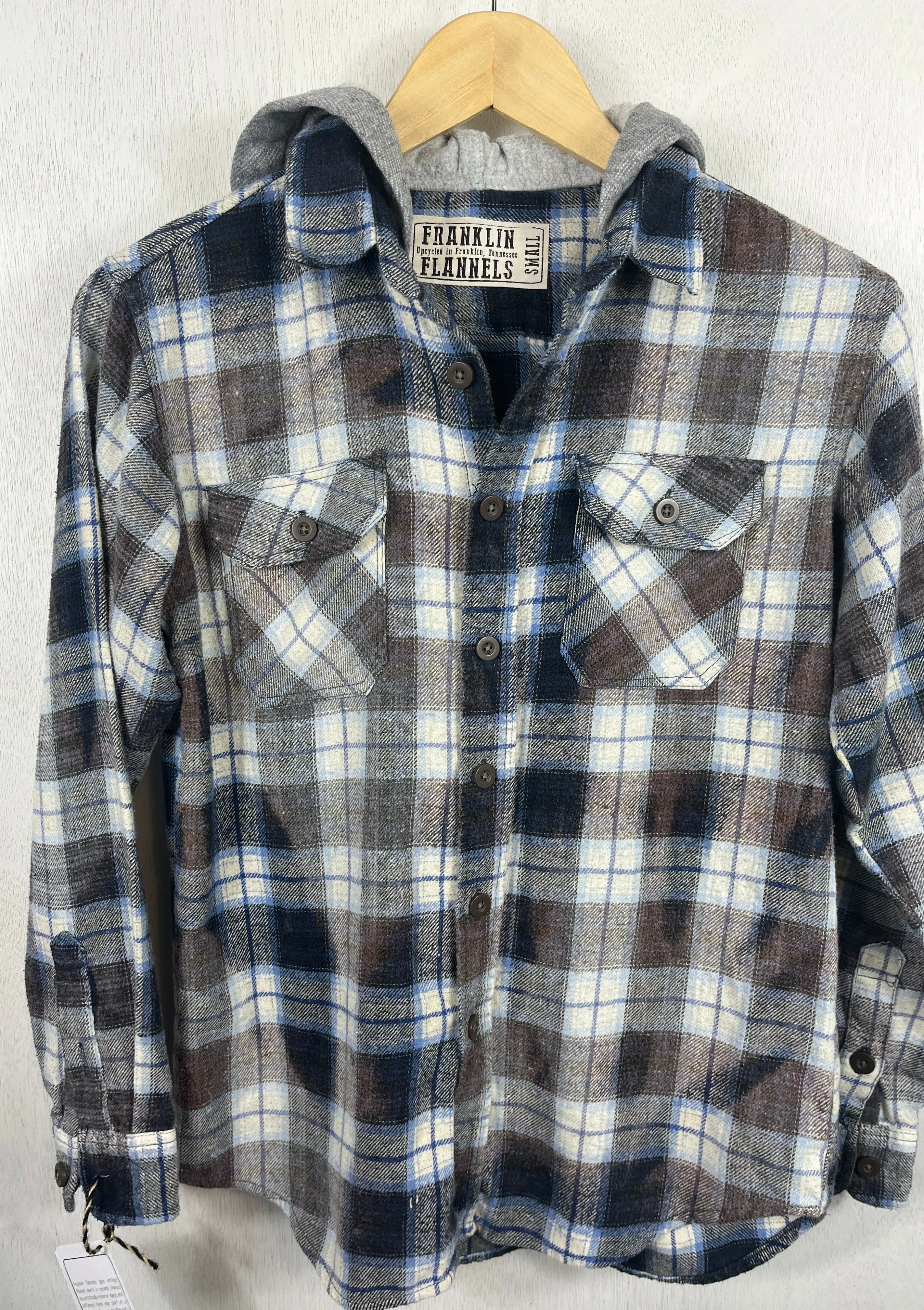 Vintage Navy Blue, White and Grey Flannel Hoodie Size Small