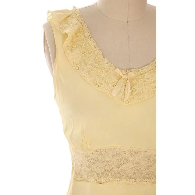 Vintage Nightgown Bias Cut Yellow Rayon w/ Lace Insets Sz 38 1930s