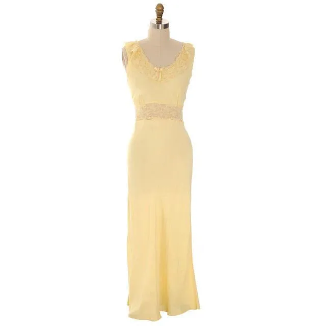 Vintage Nightgown Bias Cut Yellow Rayon w/ Lace Insets Sz 38 1930s
