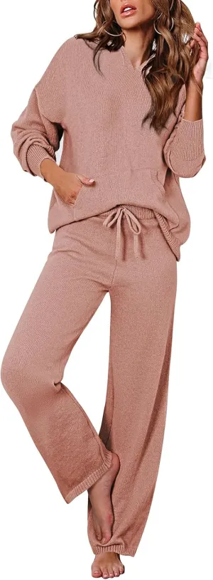 Viottiset Women's 2 Piece Outfits Sweater Set Long Sleeve Hoodies Sweaters Wide Leg Pants Lounge Sets Sugar Almonds XL