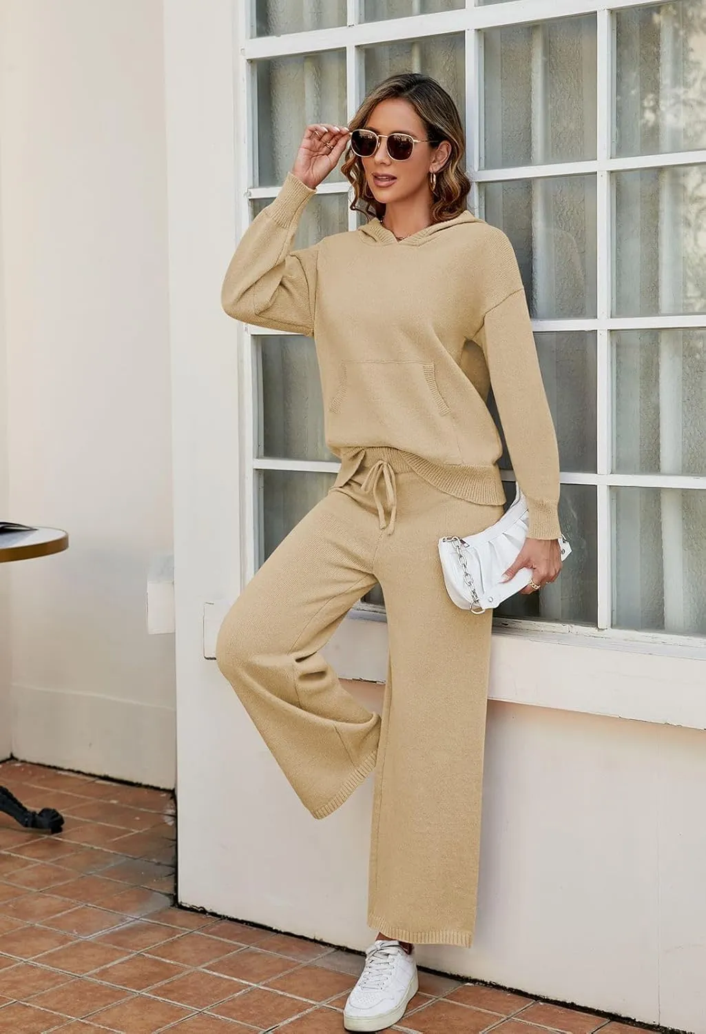 Viottiset Women's 2 Piece Outfits Sweater Set Long Sleeve Hoodies With Pocket Wide Leg Pants Lounge Sets Sweatsuit