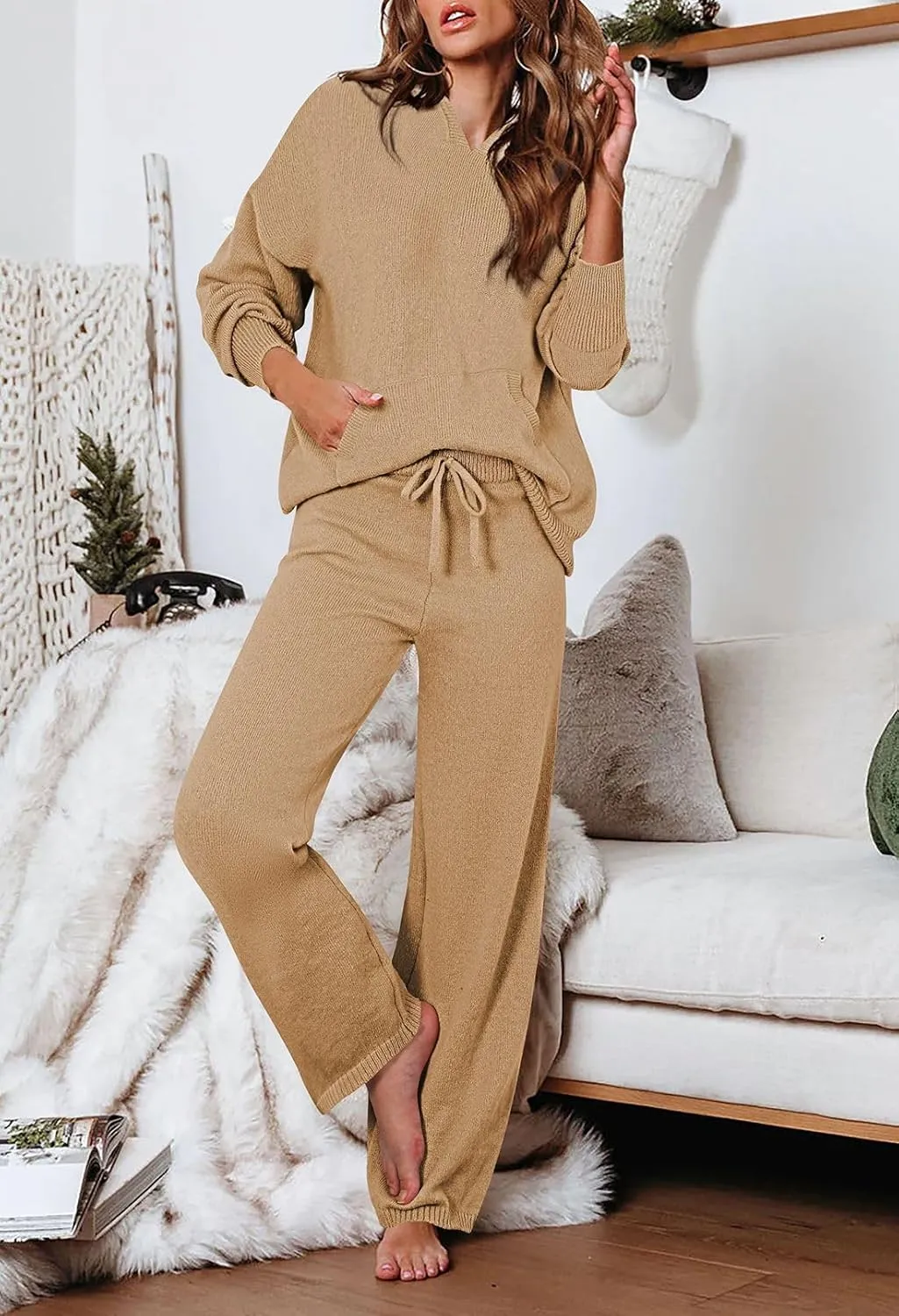 Viottiset Women's 2 Piece Outfits Sweater Set Long Sleeve Hoodies With Pocket Wide Leg Pants Lounge Sets Sweatsuit