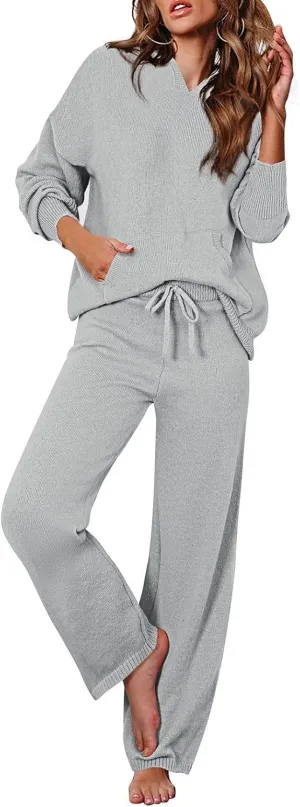 Viottiset Women's 2 Piece Outfits Sweater Set Long Sleeve Hoodies With Pocket Wide Leg Pants Lounge Sets Sweatsuit