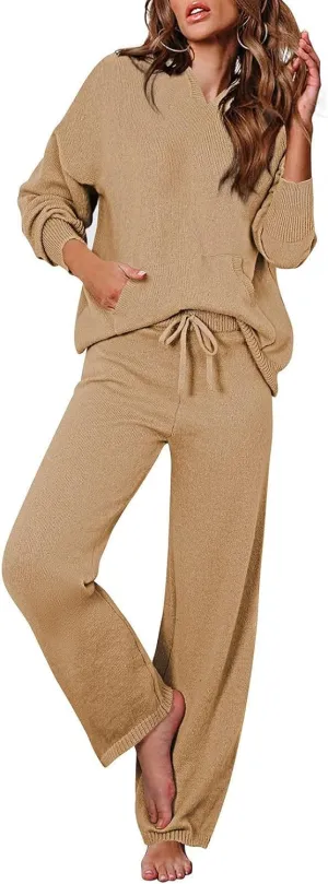 Viottiset Women's 2 Piece Outfits Sweater Set Long Sleeve Hoodies With Pocket Wide Leg Pants Lounge Sets Sweatsuit