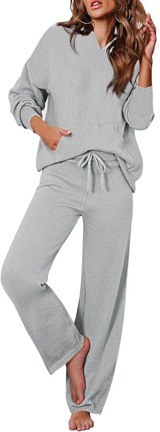 Viottiset Women's 2 Piece Outfits Sweater Set Long Sleeve Hoodies With Pocket Wide Leg Pants Lounge Sets Sweatsuit