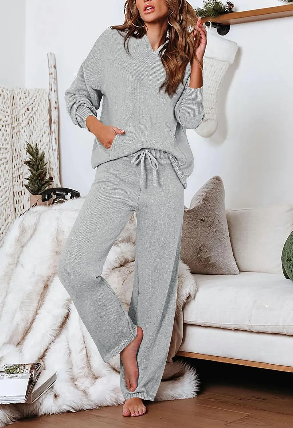Viottiset Women's 2 Piece Outfits Sweater Set Long Sleeve Hoodies With Pocket Wide Leg Pants Lounge Sets Sweatsuit
