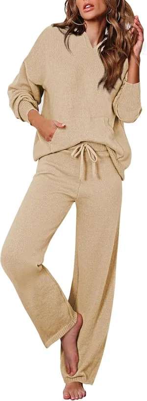 Viottiset Women's 2 Piece Outfits Sweater Set Long Sleeve Hoodies With Pocket Wide Leg Pants Lounge Sets Sweatsuit
