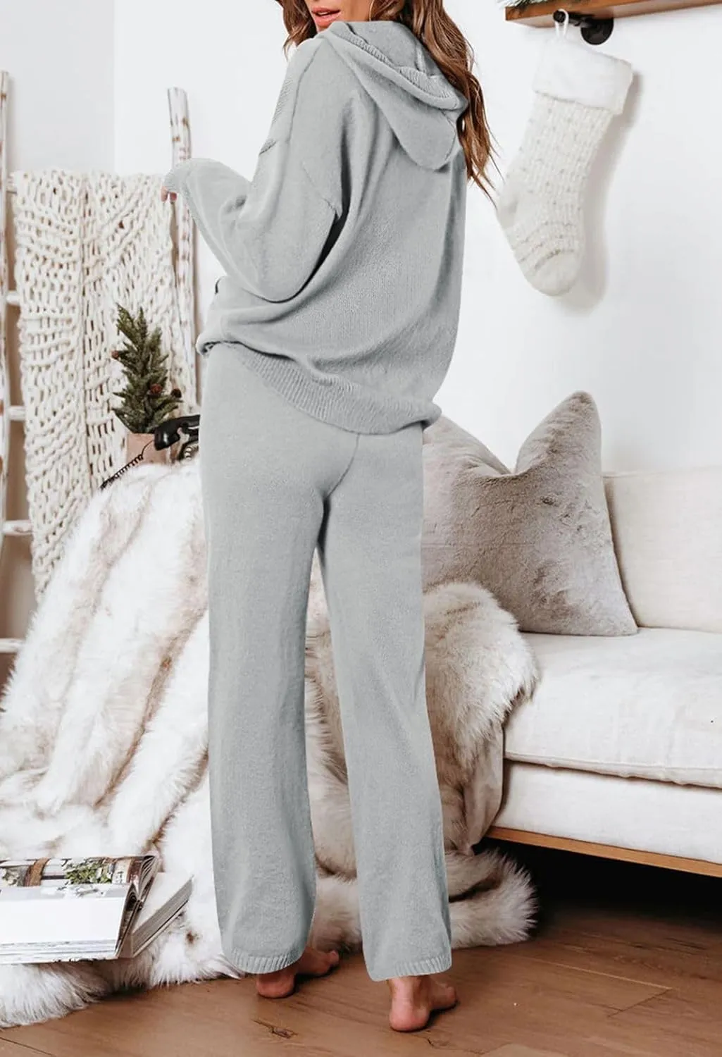 Viottiset Women's 2 Piece Outfits Sweater Set Long Sleeve Hoodies With Pocket Wide Leg Pants Lounge Sets Sweatsuit