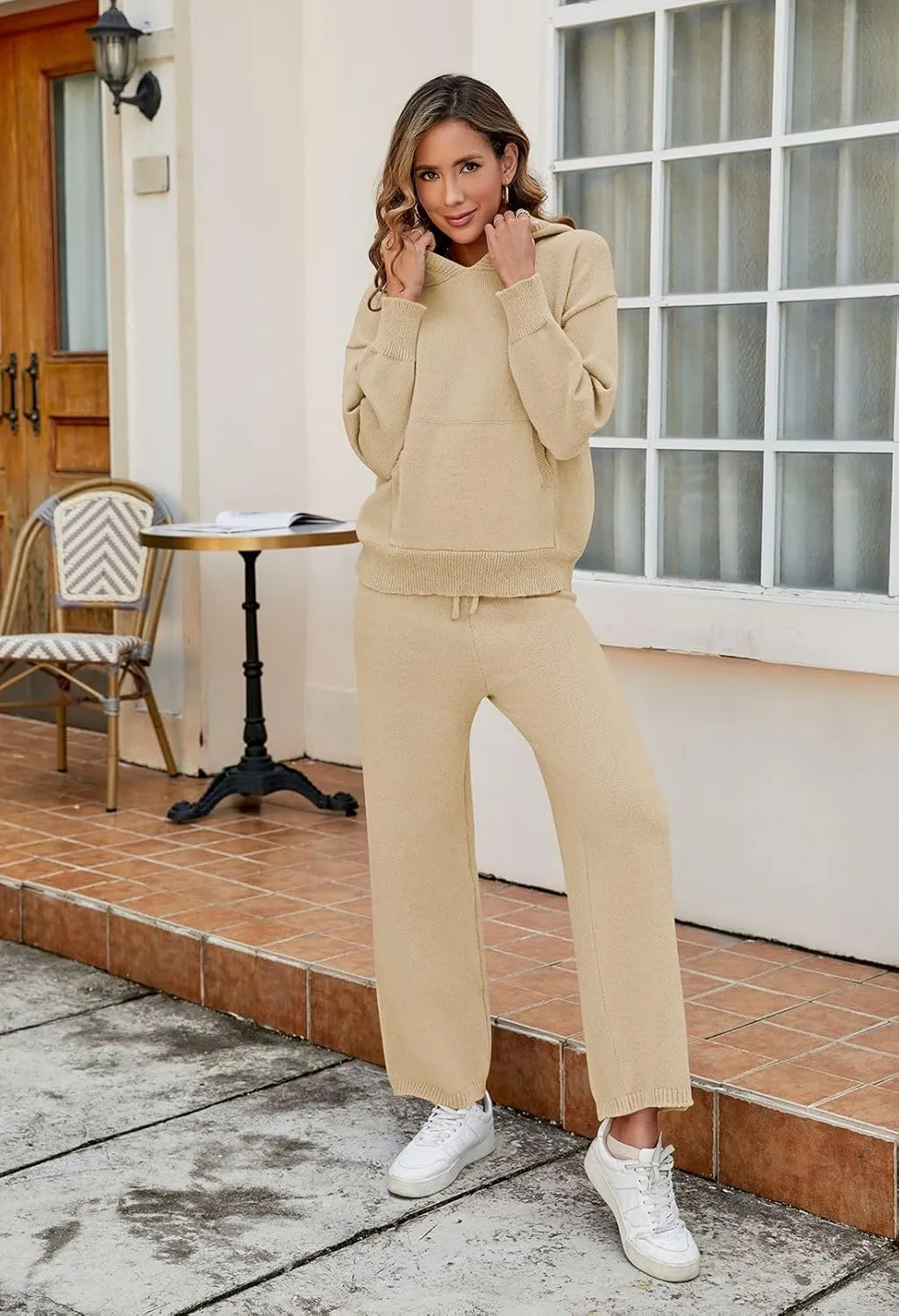 Viottiset Women's 2 Piece Outfits Sweater Set Long Sleeve Hoodies With Pocket Wide Leg Pants Lounge Sets Sweatsuit