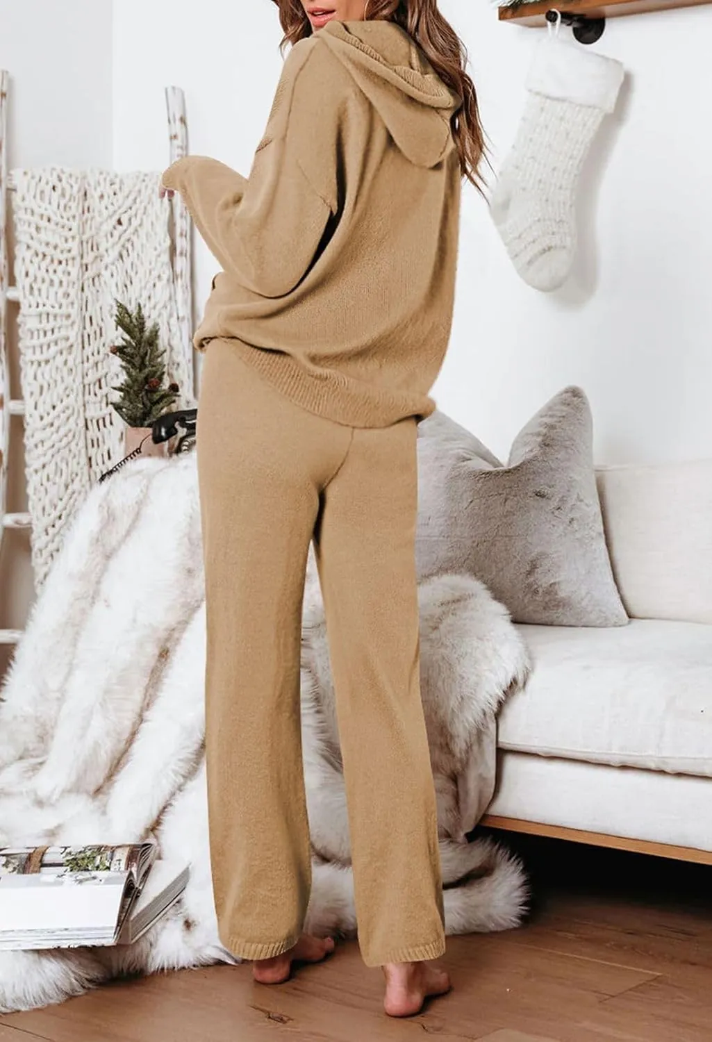 Viottiset Women's 2 Piece Outfits Sweater Set Long Sleeve Hoodies With Pocket Wide Leg Pants Lounge Sets Sweatsuit