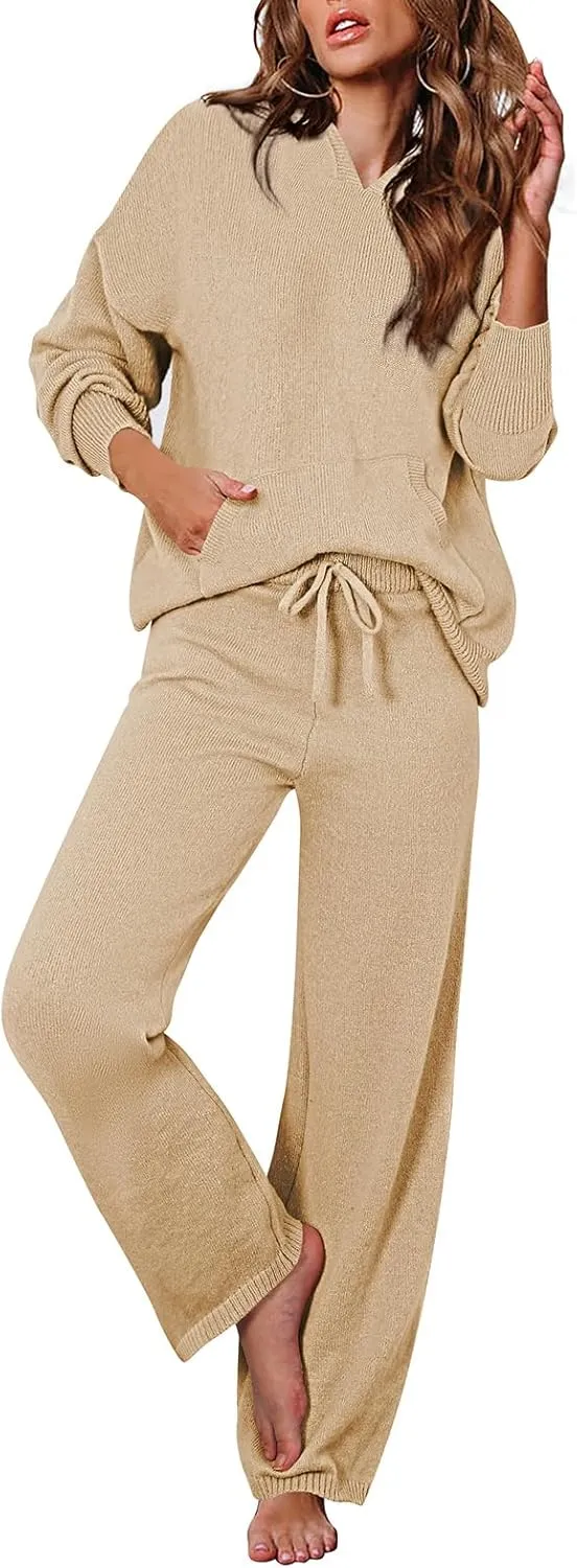 Viottiset Women's 2 Piece Outfits Sweater Set Long Sleeve Hoodies With Pocket Wide Leg Pants Lounge Sets Sweatsuit