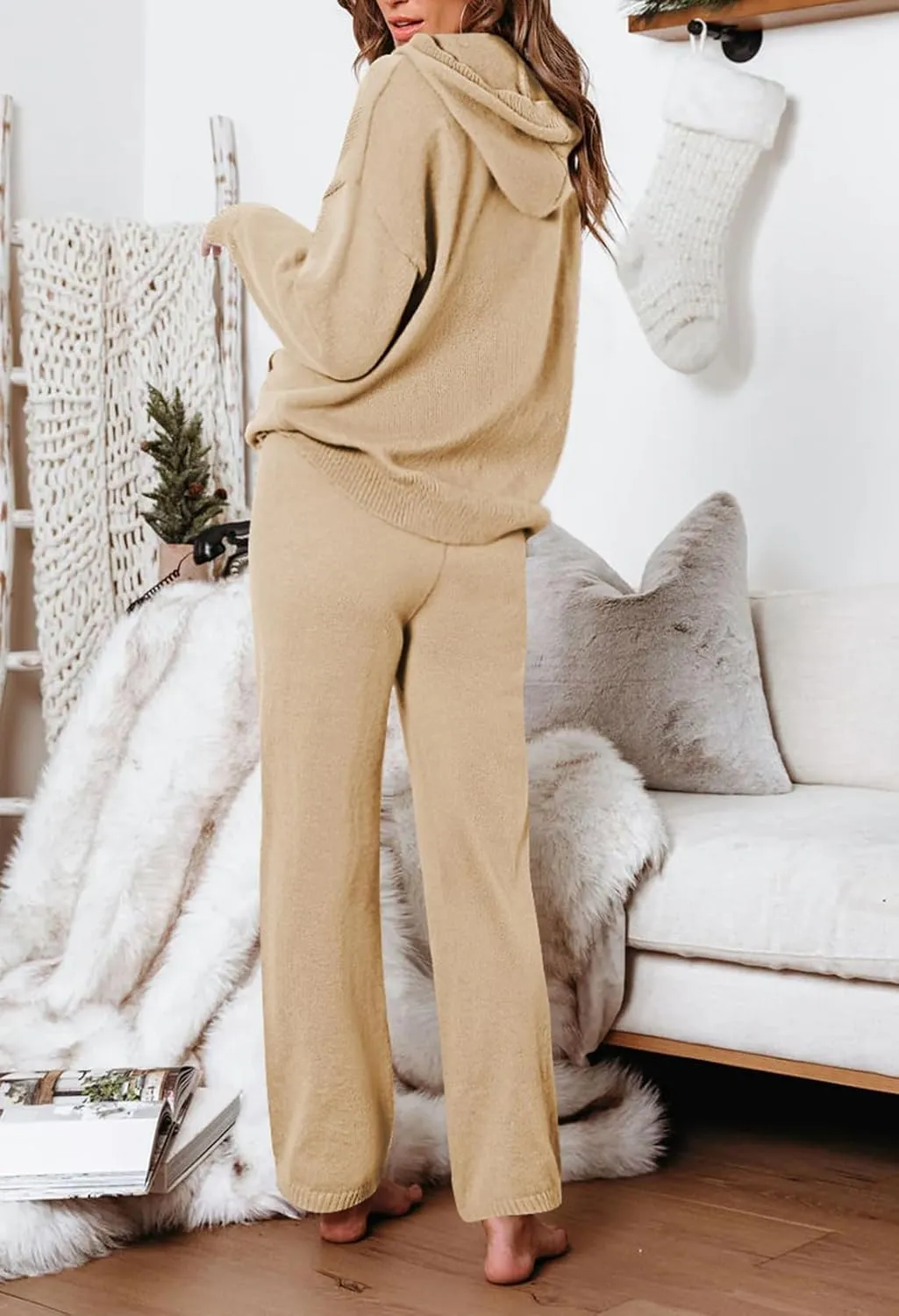 Viottiset Women's 2 Piece Outfits Sweater Set Long Sleeve Hoodies With Pocket Wide Leg Pants Lounge Sets Sweatsuit
