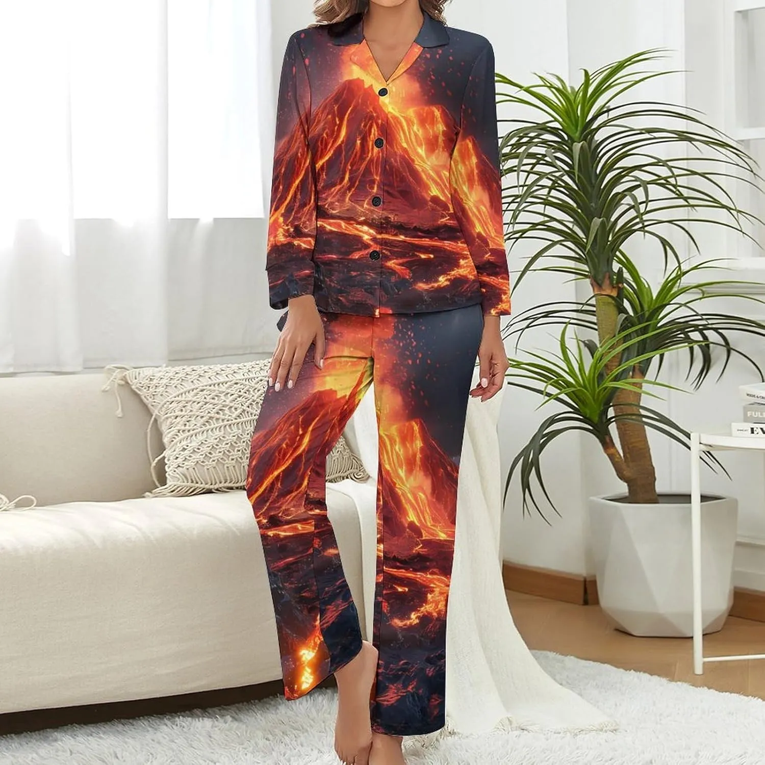 Volcano Eruption(1) Womens Pajamas Satin PJ Set Button Down Loungewear Set 2 Piece Lounge Sets