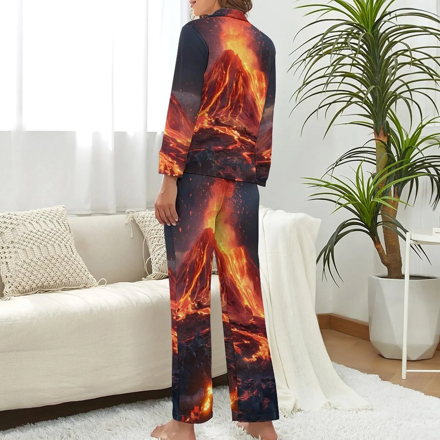 Volcano Eruption(1) Womens Pajamas Satin PJ Set Button Down Loungewear Set 2 Piece Lounge Sets