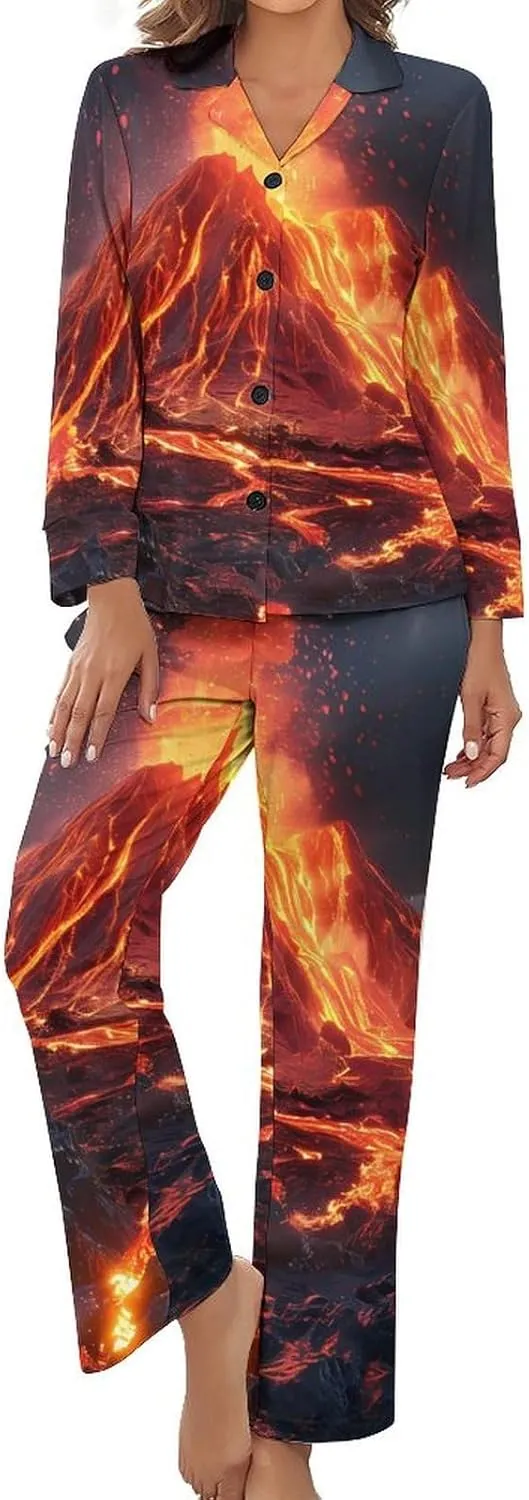 Volcano Eruption(1) Womens Pajamas Satin PJ Set Button Down Loungewear Set 2 Piece Lounge Sets