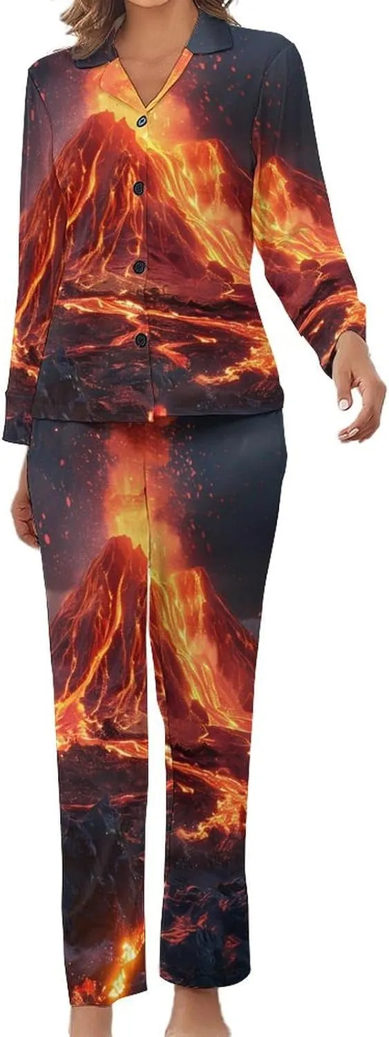Volcano Eruption(1) Womens Pajamas Satin PJ Set Button Down Loungewear Set 2 Piece Lounge Sets