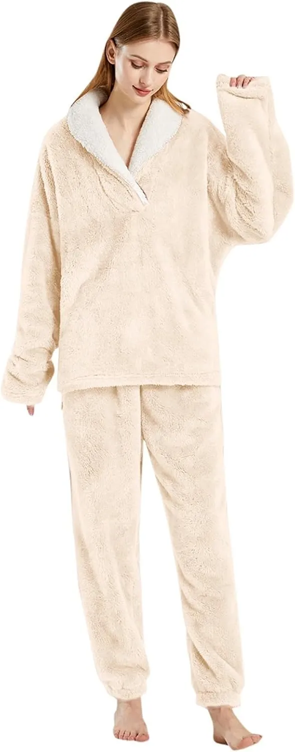 Warm Pajamas for Women Set Fuzzy Fluffy Comfy Fleece Pjs Pullover Pants Sets Plush Sleepwear Soft Loungewear Winter