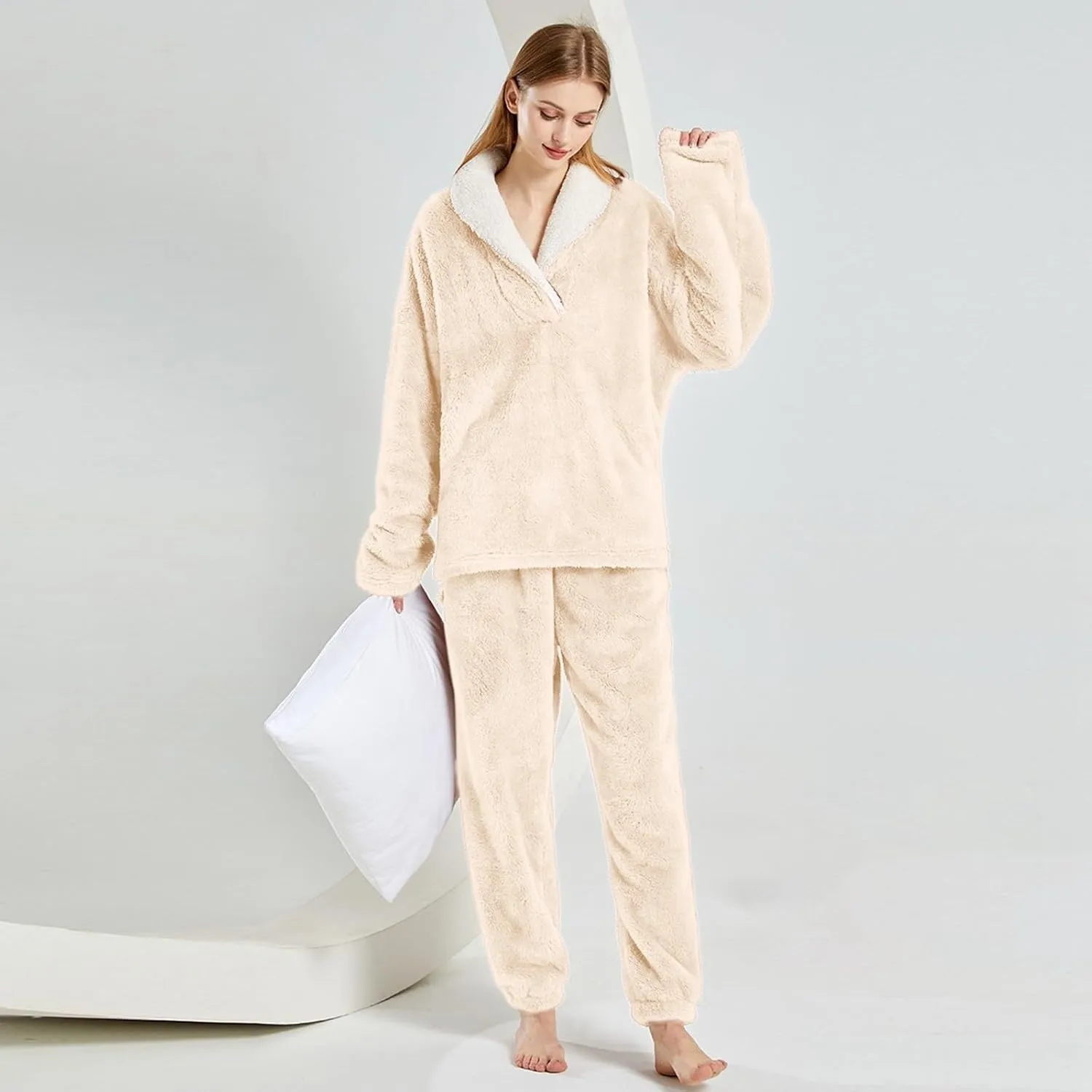 Warm Pajamas for Women Set Fuzzy Fluffy Comfy Fleece Pjs Pullover Pants Sets Plush Sleepwear Soft Loungewear Winter