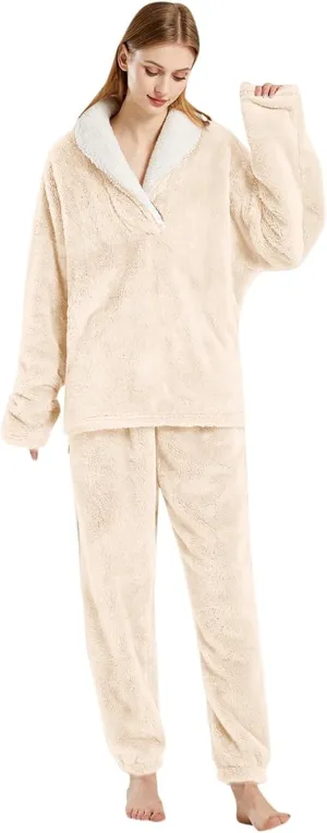 Warm Pajamas for Women Set Fuzzy Fluffy Comfy Fleece Pjs Pullover Pants Sets Plush Sleepwear Soft Loungewear Winter