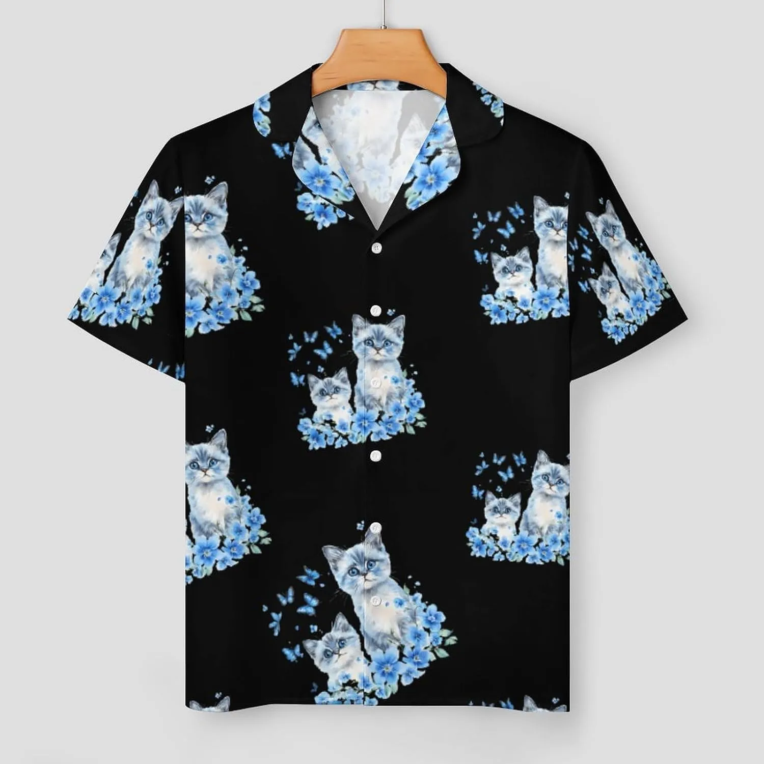 Watercolor Cats With Blue Flower Butterflies Satin Pajamas For Women Set Botton Down Short Sleeves Silk Sleepwear