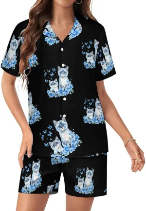 Watercolor Cats With Blue Flower Butterflies Satin Pajamas For Women Set Botton Down Short Sleeves Silk Sleepwear