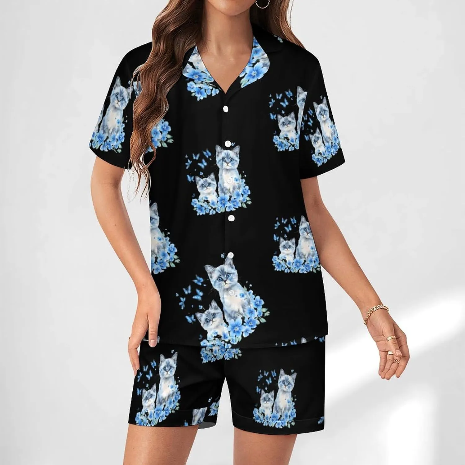 Watercolor Cats With Blue Flower Butterflies Satin Pajamas For Women Set Botton Down Short Sleeves Silk Sleepwear