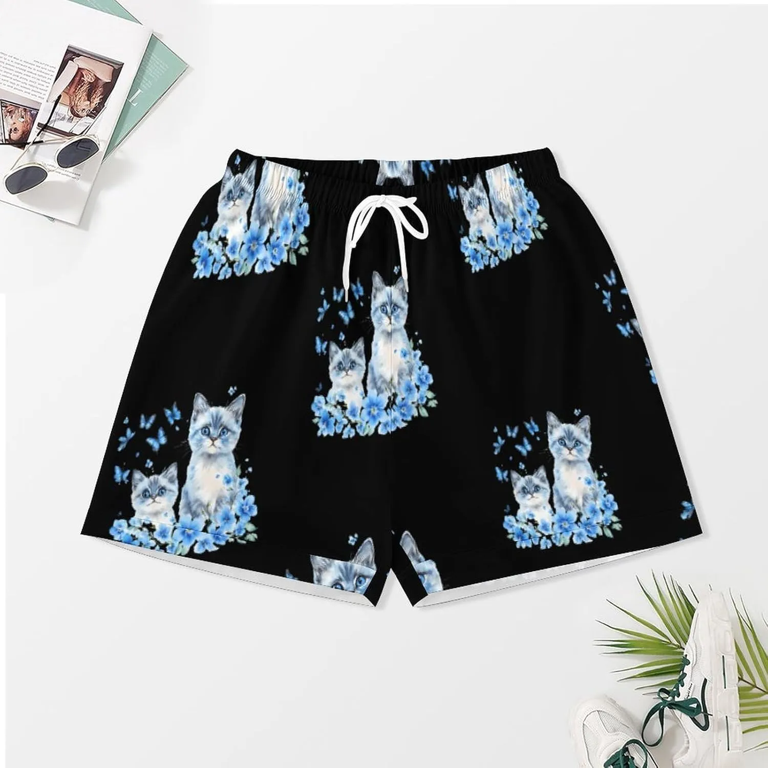 Watercolor Cats With Blue Flower Butterflies Satin Pajamas For Women Set Botton Down Short Sleeves Silk Sleepwear