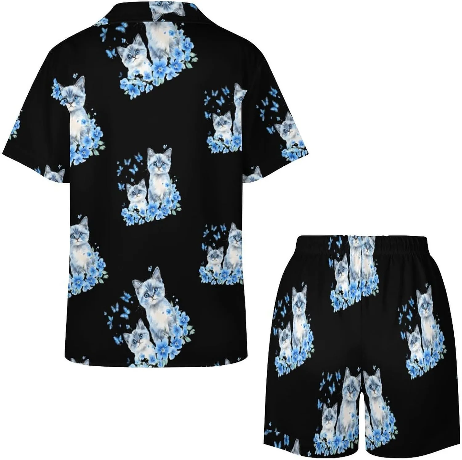 Watercolor Cats With Blue Flower Butterflies Satin Pajamas For Women Set Botton Down Short Sleeves Silk Sleepwear