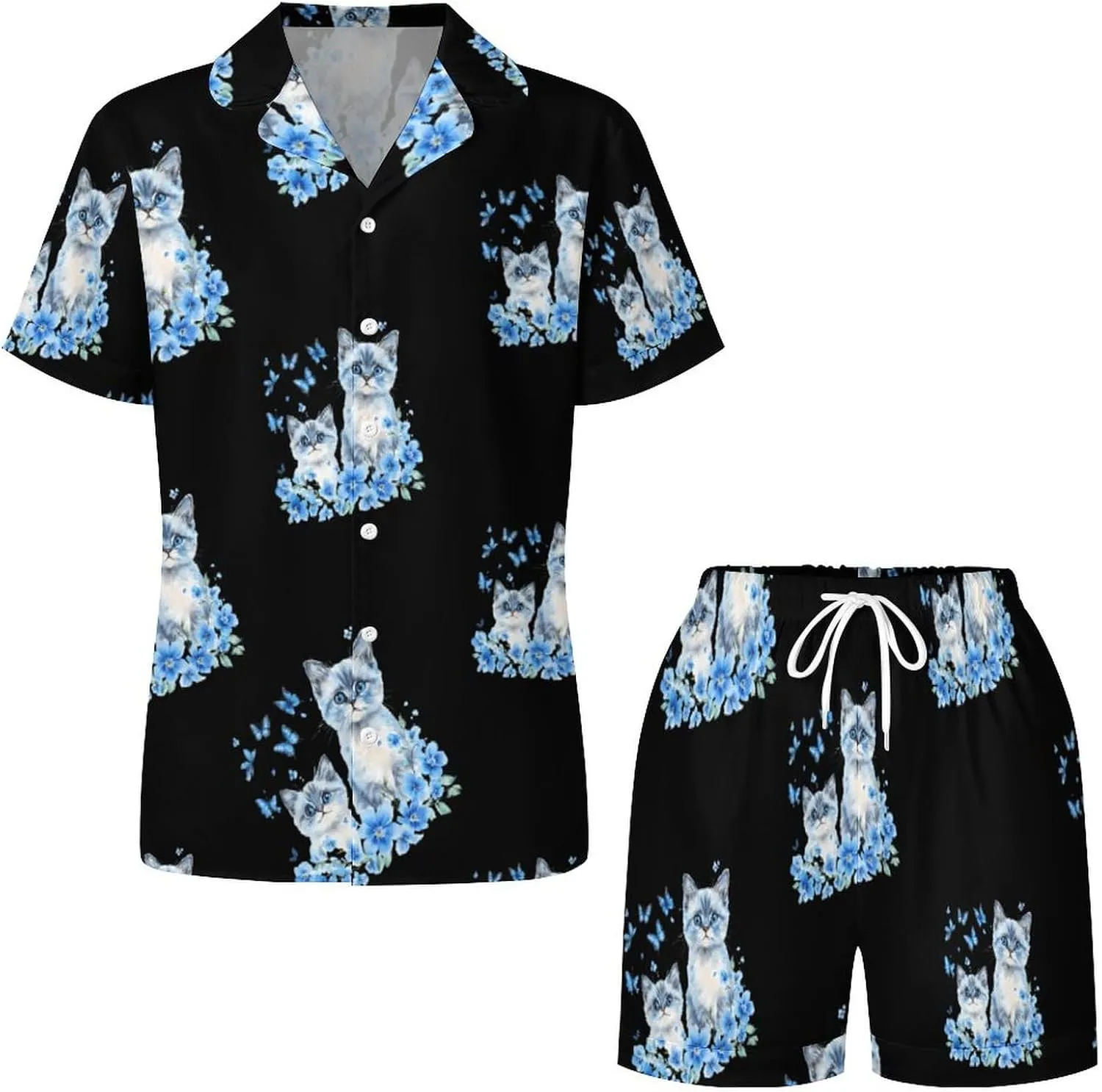 Watercolor Cats With Blue Flower Butterflies Satin Pajamas For Women Set Botton Down Short Sleeves Silk Sleepwear