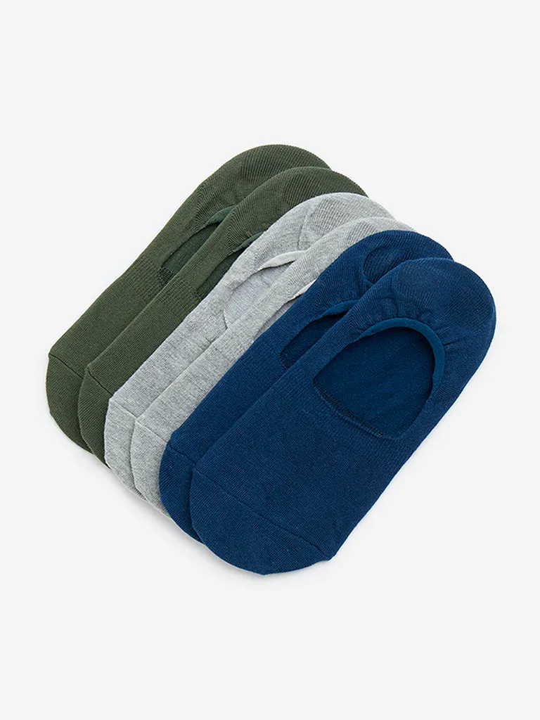 WES Lounge Multicolour Solid Striped Invisible Cotton-Blend Socks - Pack of 3