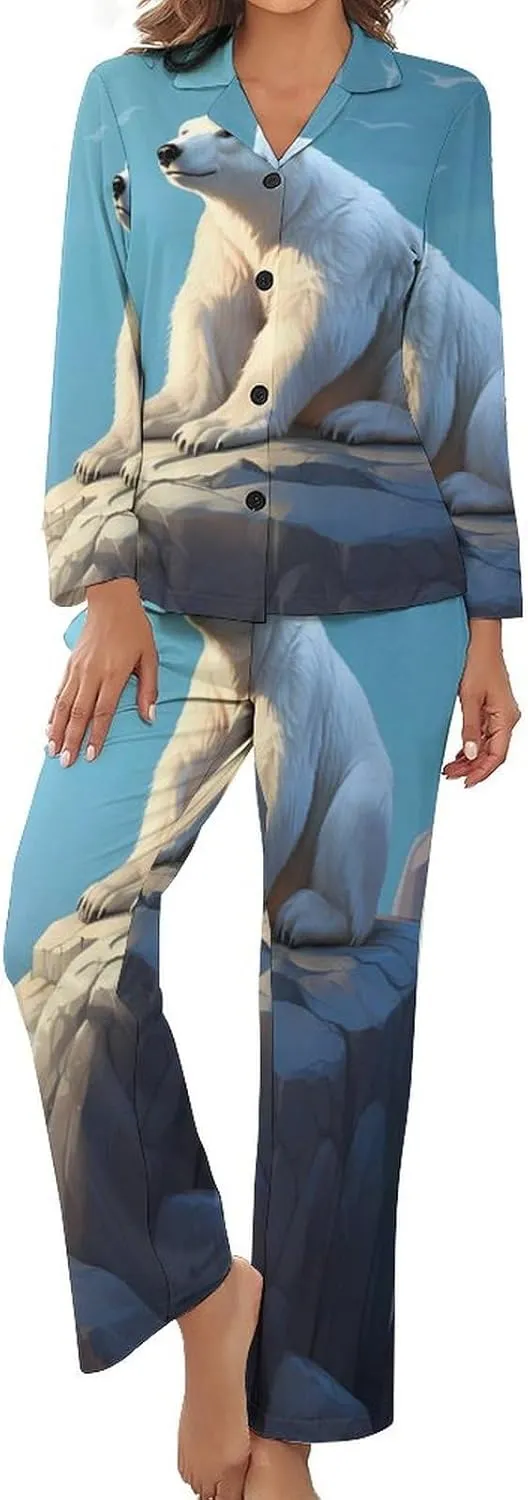 White Bear Womens Pajamas Satin PJ Set Button Down Loungewear Set 2 Piece Lounge Sets