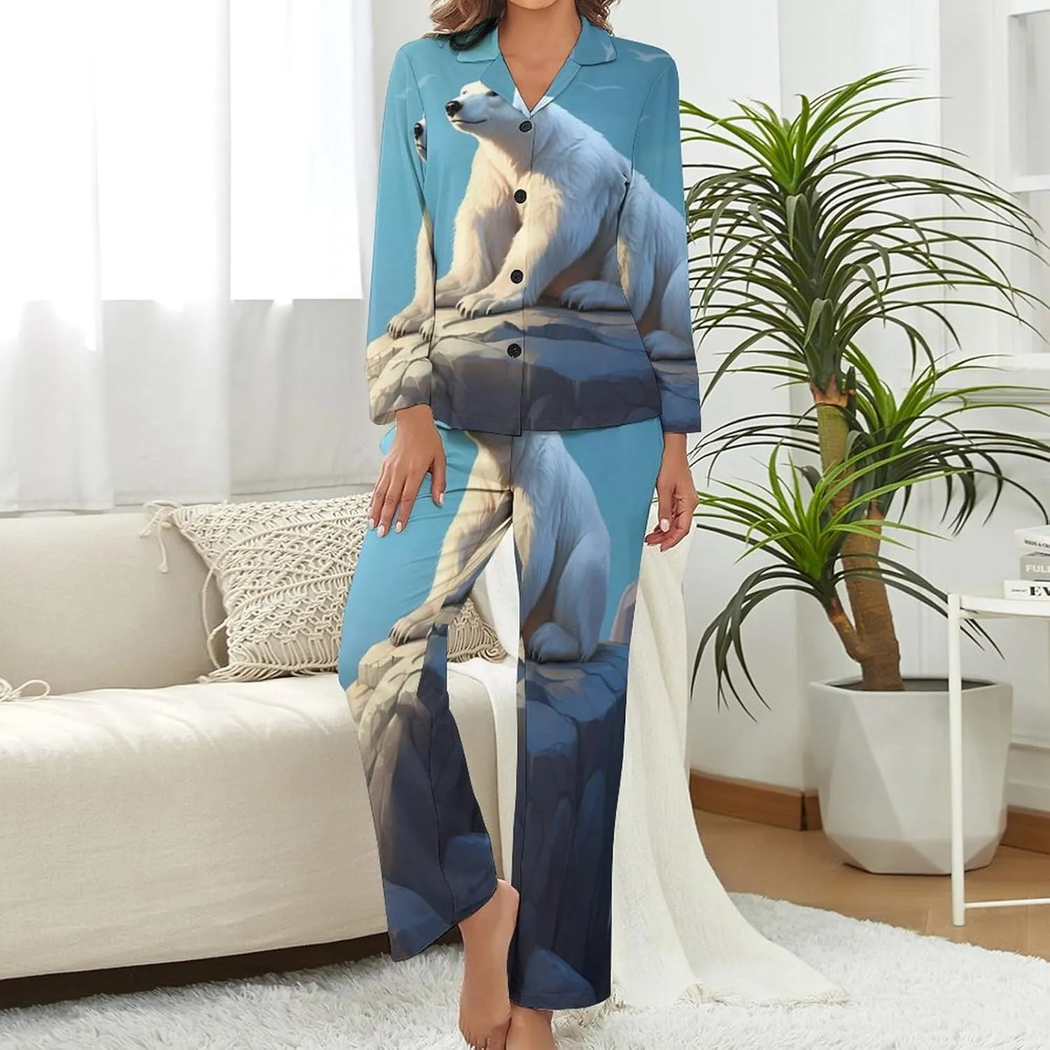 White Bear Womens Pajamas Satin PJ Set Button Down Loungewear Set 2 Piece Lounge Sets