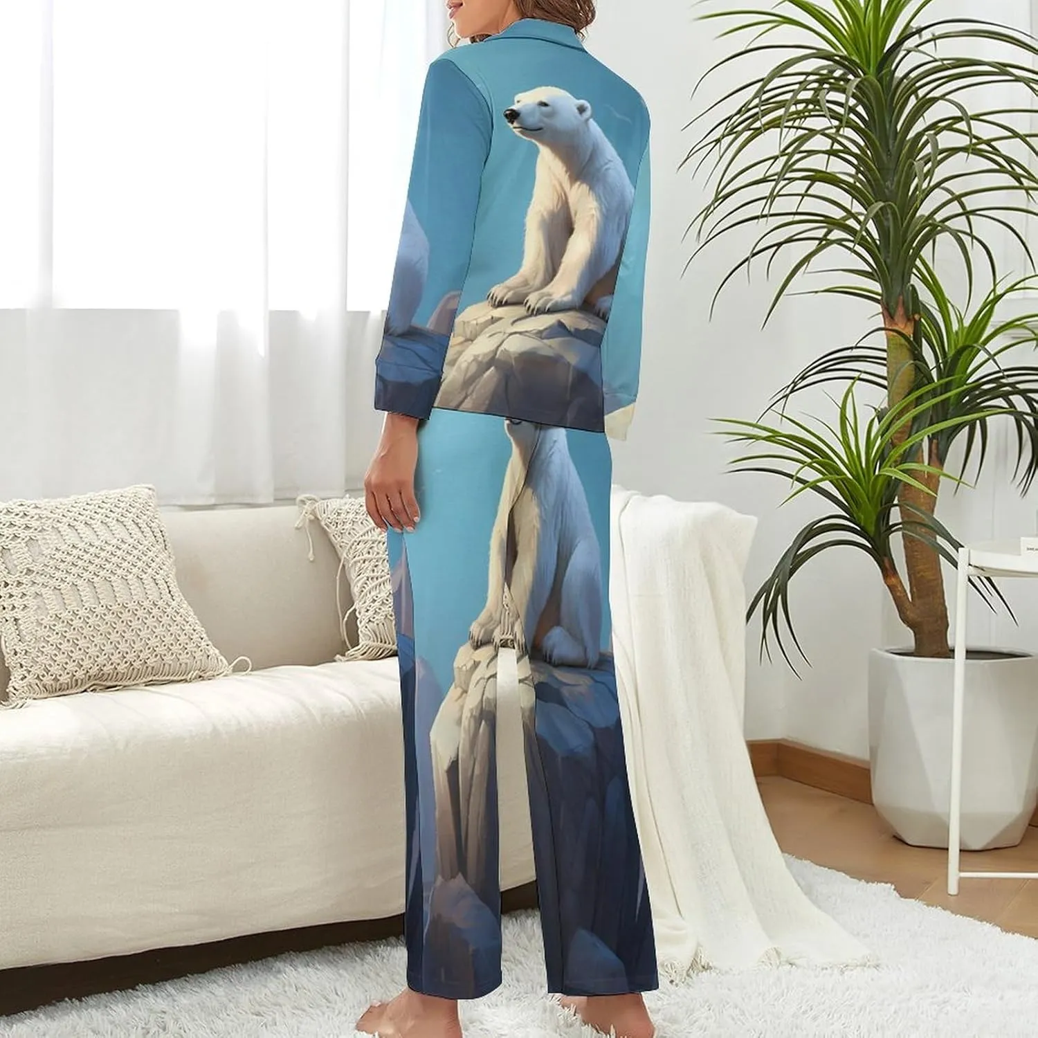 White Bear Womens Pajamas Satin PJ Set Button Down Loungewear Set 2 Piece Lounge Sets