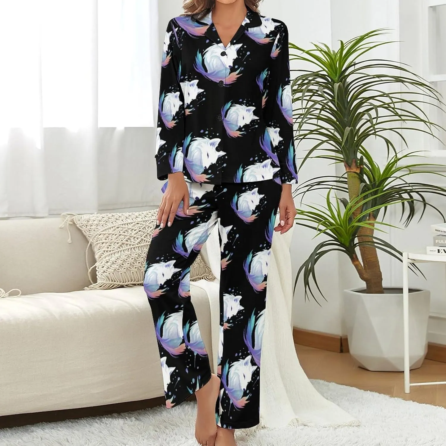 White Fox Womens Pajamas Satin PJ Set Button Down Loungewear Set 2 Piece Lounge Sets