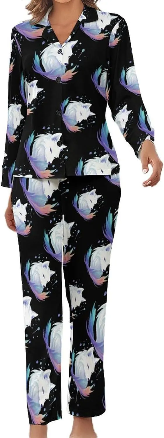 White Fox Womens Pajamas Satin PJ Set Button Down Loungewear Set 2 Piece Lounge Sets