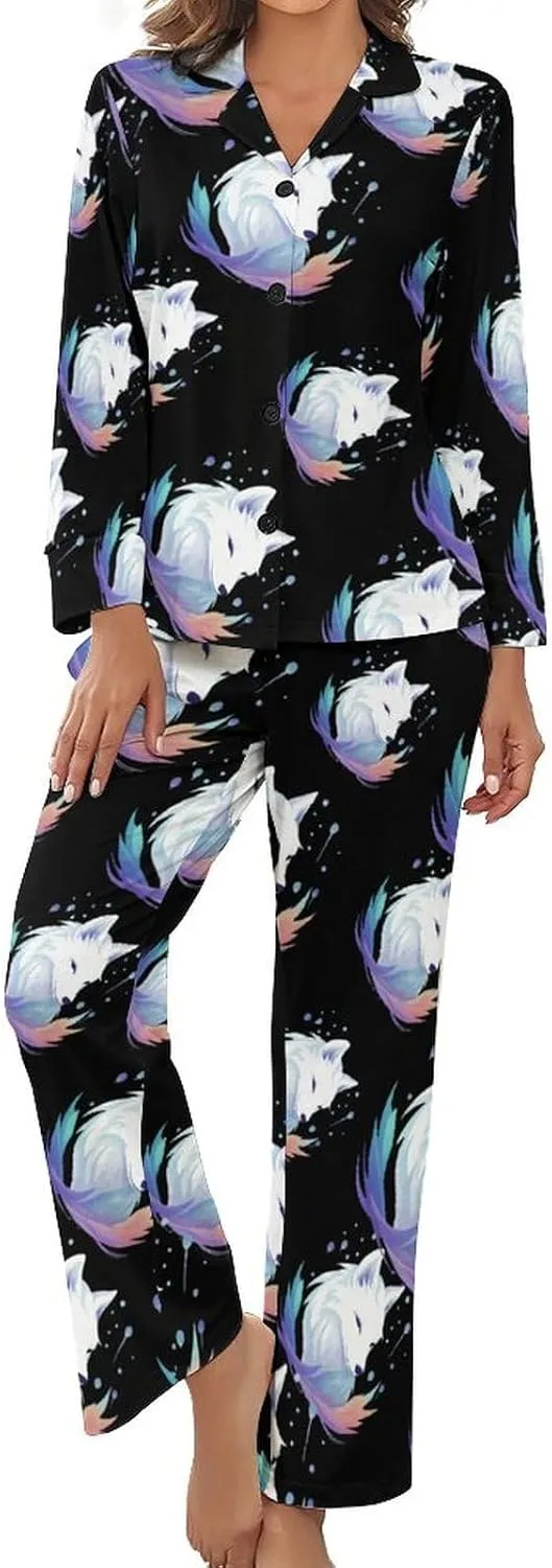 White Fox Womens Pajamas Satin PJ Set Button Down Loungewear Set 2 Piece Lounge Sets