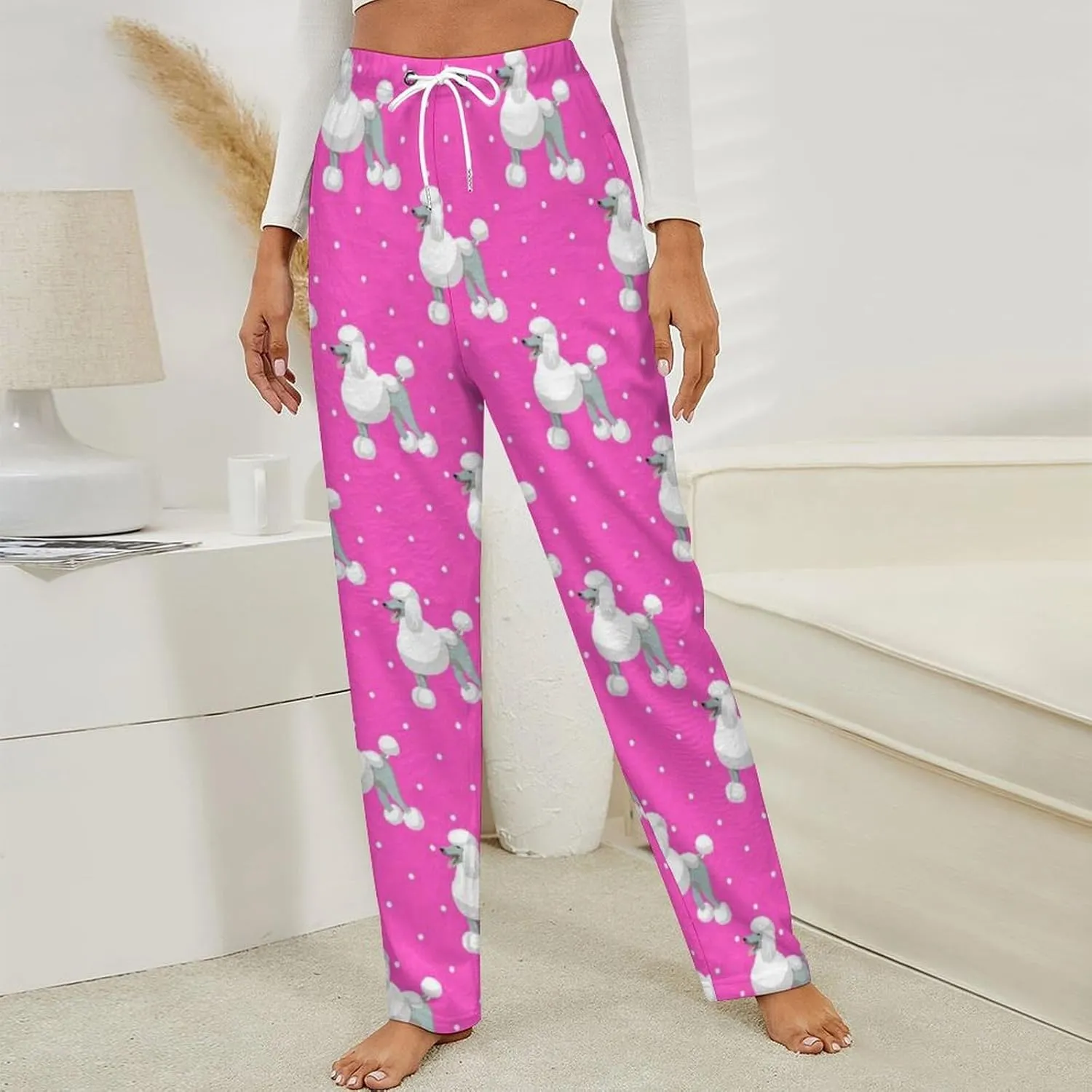 White Standart Poodle Women's Flannel Pajama Pants Fleece Lounge Sleep Bottoms PJ