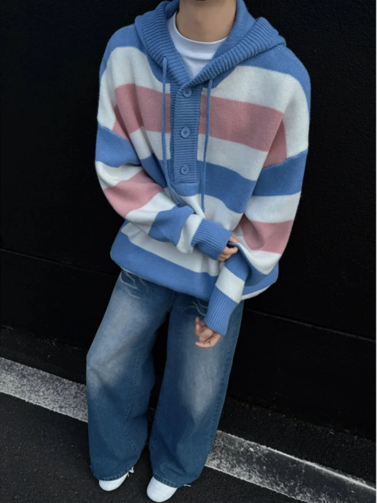 WIAOFELLAS  -  Autumn Winter 2025 Cashmere Sweater O-neck Men's Loose Oversized Knitted Hooded New Korean Casual Men Top Pullovers D465