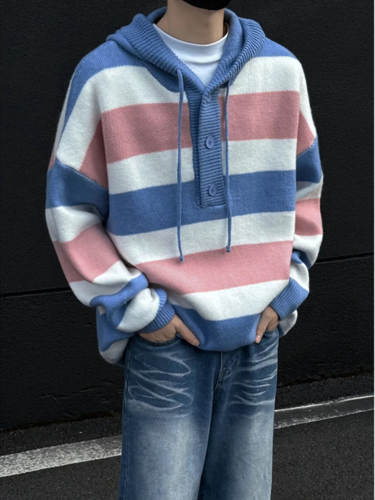 WIAOFELLAS  -  Autumn Winter 2025 Cashmere Sweater O-neck Men's Loose Oversized Knitted Hooded New Korean Casual Men Top Pullovers D465