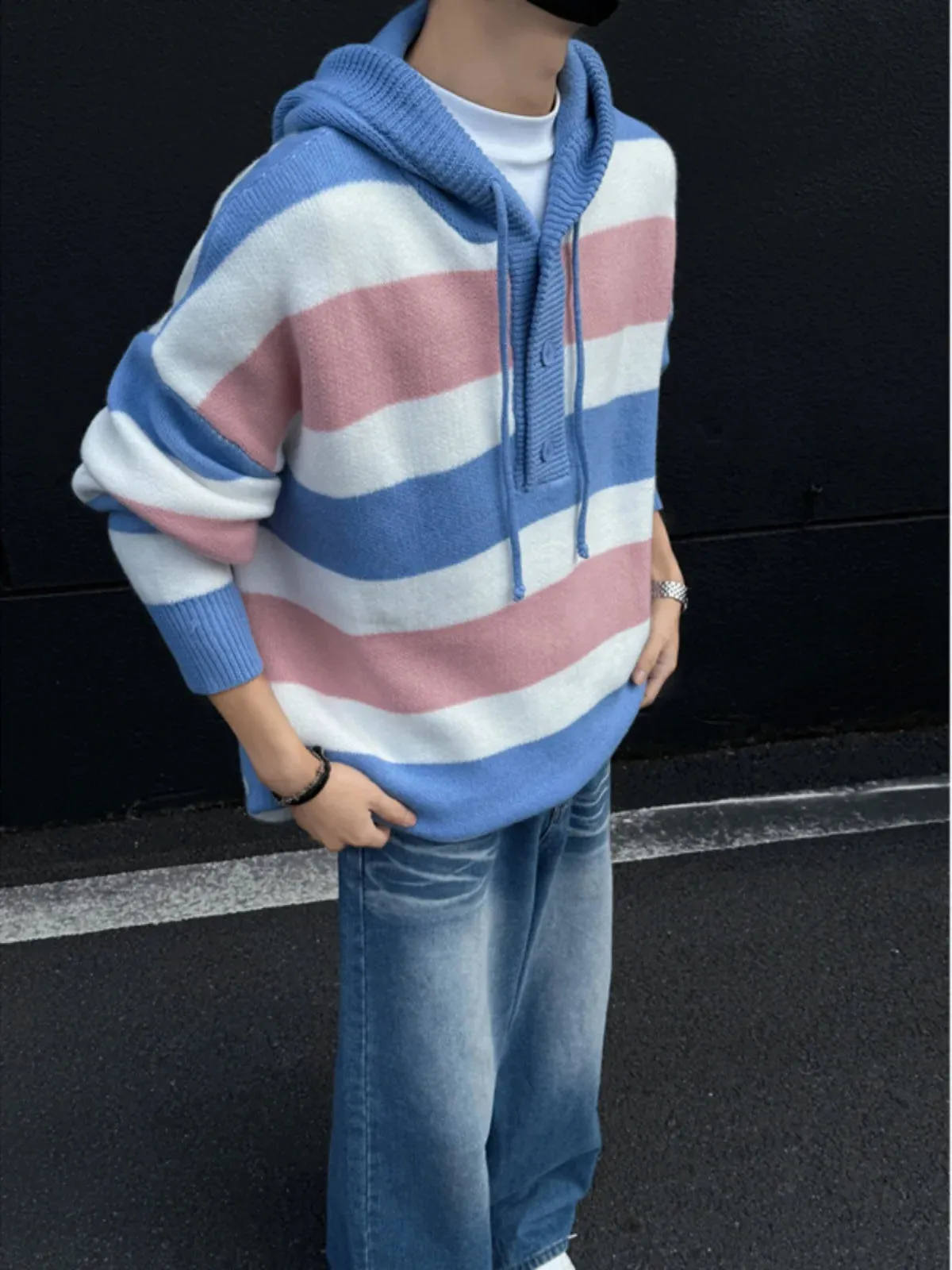 WIAOFELLAS  -  Autumn Winter 2025 Cashmere Sweater O-neck Men's Loose Oversized Knitted Hooded New Korean Casual Men Top Pullovers D465