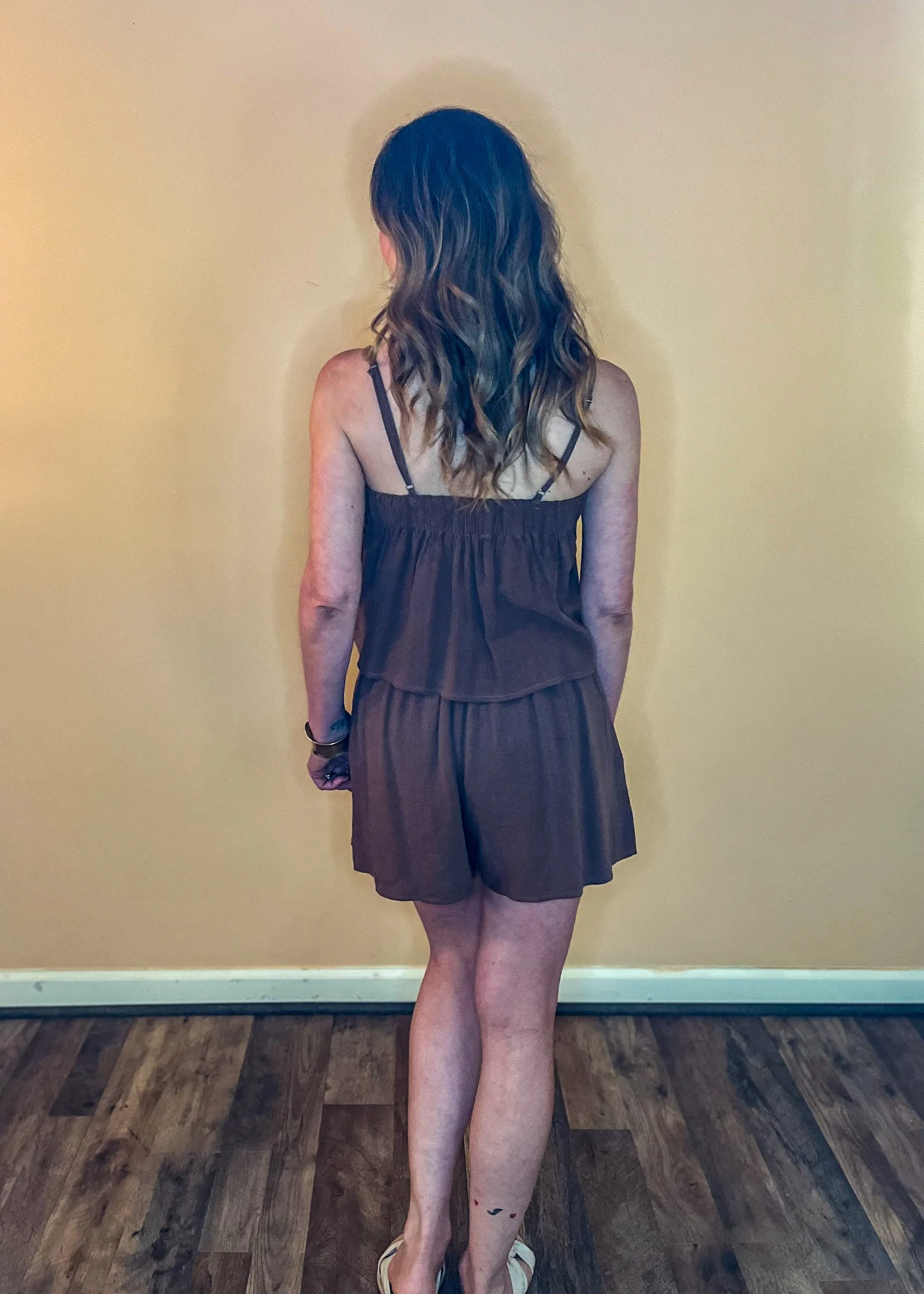 Wind Tossed Pleated Linen-Blend Cami Top - Chocolate