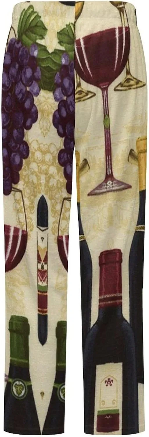 Wine Bottle And Grape Women's Flannel Pajama Pants Fleece Lounge Sleep Bottoms PJ