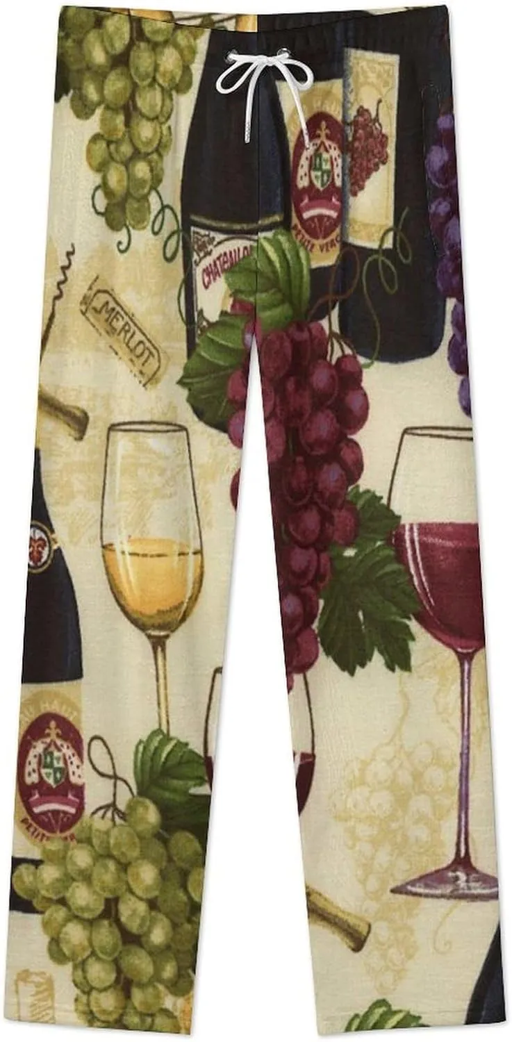 Wine Bottle And Grape Women's Flannel Pajama Pants Fleece Lounge Sleep Bottoms PJ